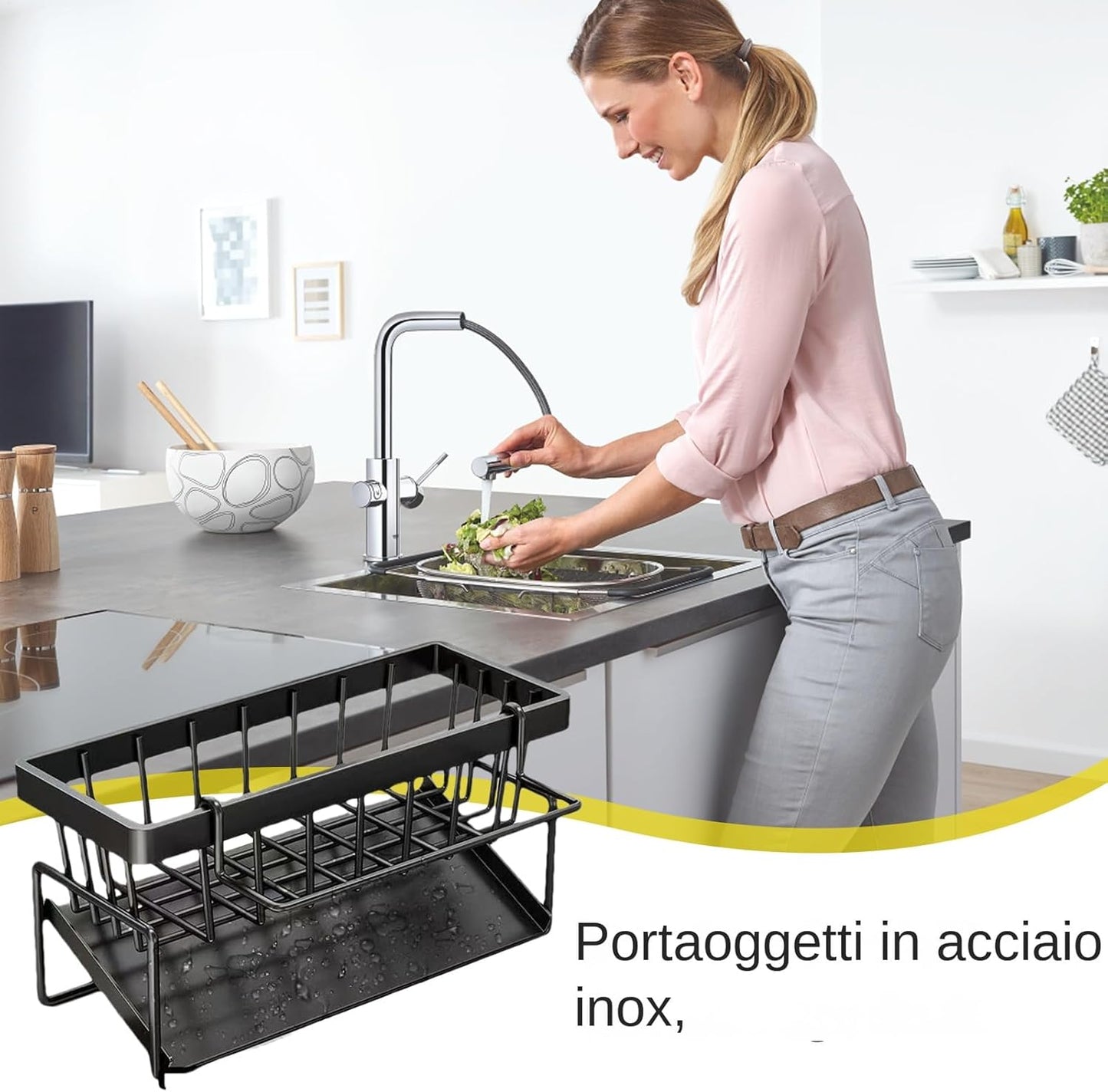 Sink Storage, Sponge Holder, Rust Resistant Easy Installation Modern Aesthetic Durable Vertical, Kitchen Storage for Towel, Soap, Scrubbers, Brushes, 9.06x3.54x4.33inches