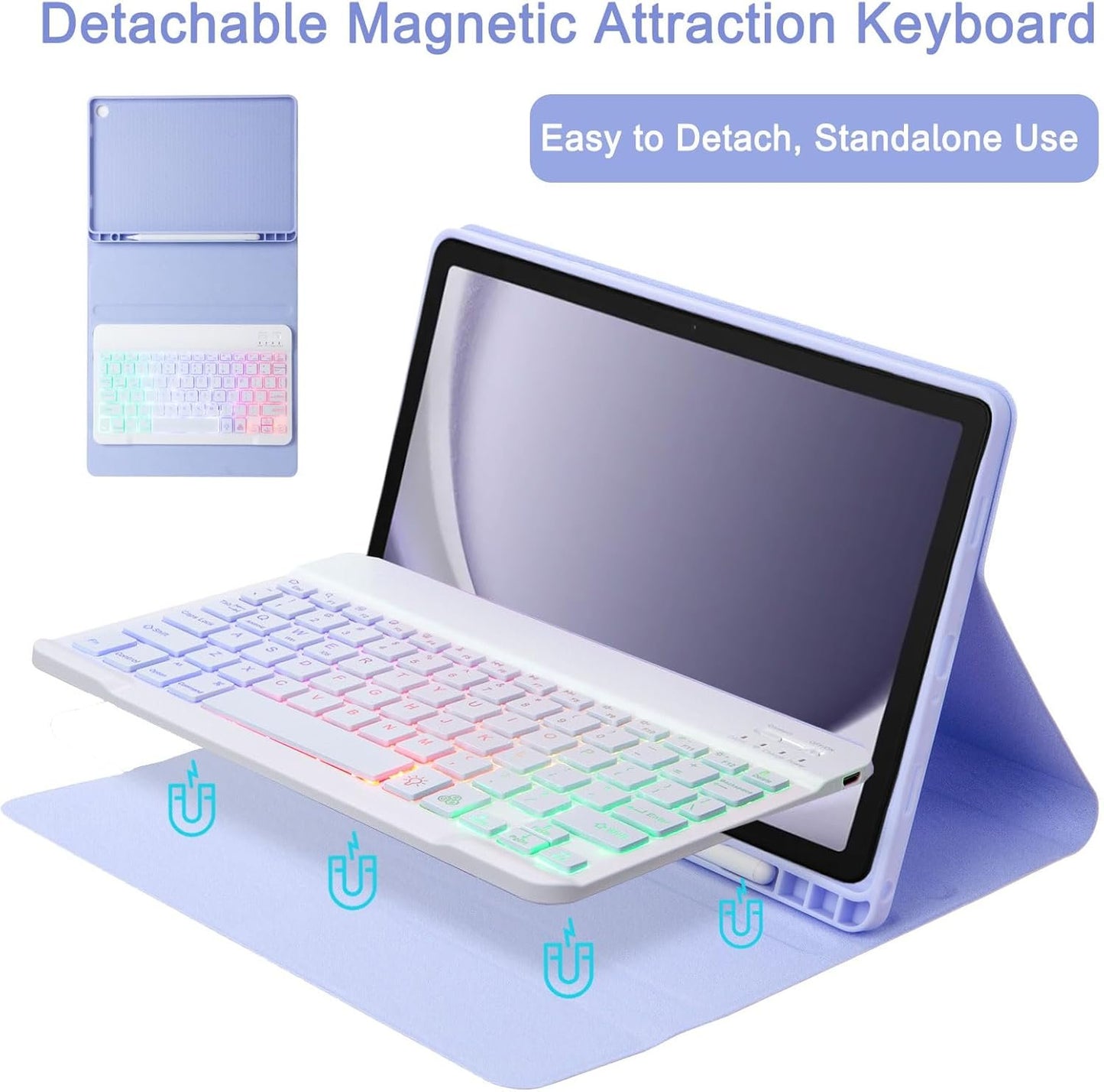 VLEAQC Keyboard Case for Samsung Galaxy Tab A9+/A9 Plus 11 Inch 2023 (SM-X210/X216/X218), Detachable Color Backlit Bluetooth Keyboard and Mouse, Slim Lightweight Stand Cover with Pen Holder,Purple