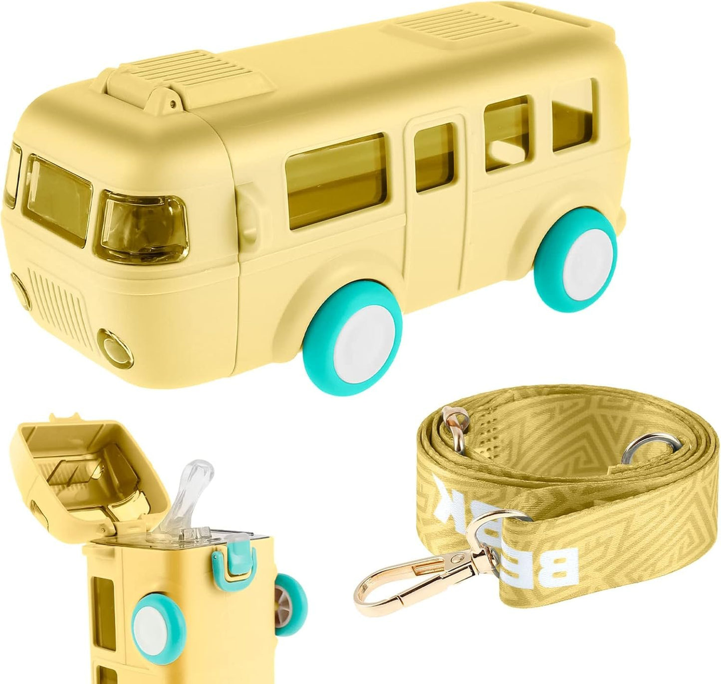 Car Straw Water Cup, 16oz Portable Bus Water Bottle with Shoulder Strap, Leak-Proof Kids Detachable Drinking Cup Cute Cartoon Water Jug Toy with Wheels, Locking Flip Lid Water Kettle for Kids (Yellow)