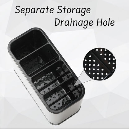 4-Compartment Stainless Steel Utensil Holder with Removable Tray, Anti-Slip, Quick-Dry Design, Rust-Proof Cutlery Organizer for Kitchen Countertop (18x8.6x13cm)