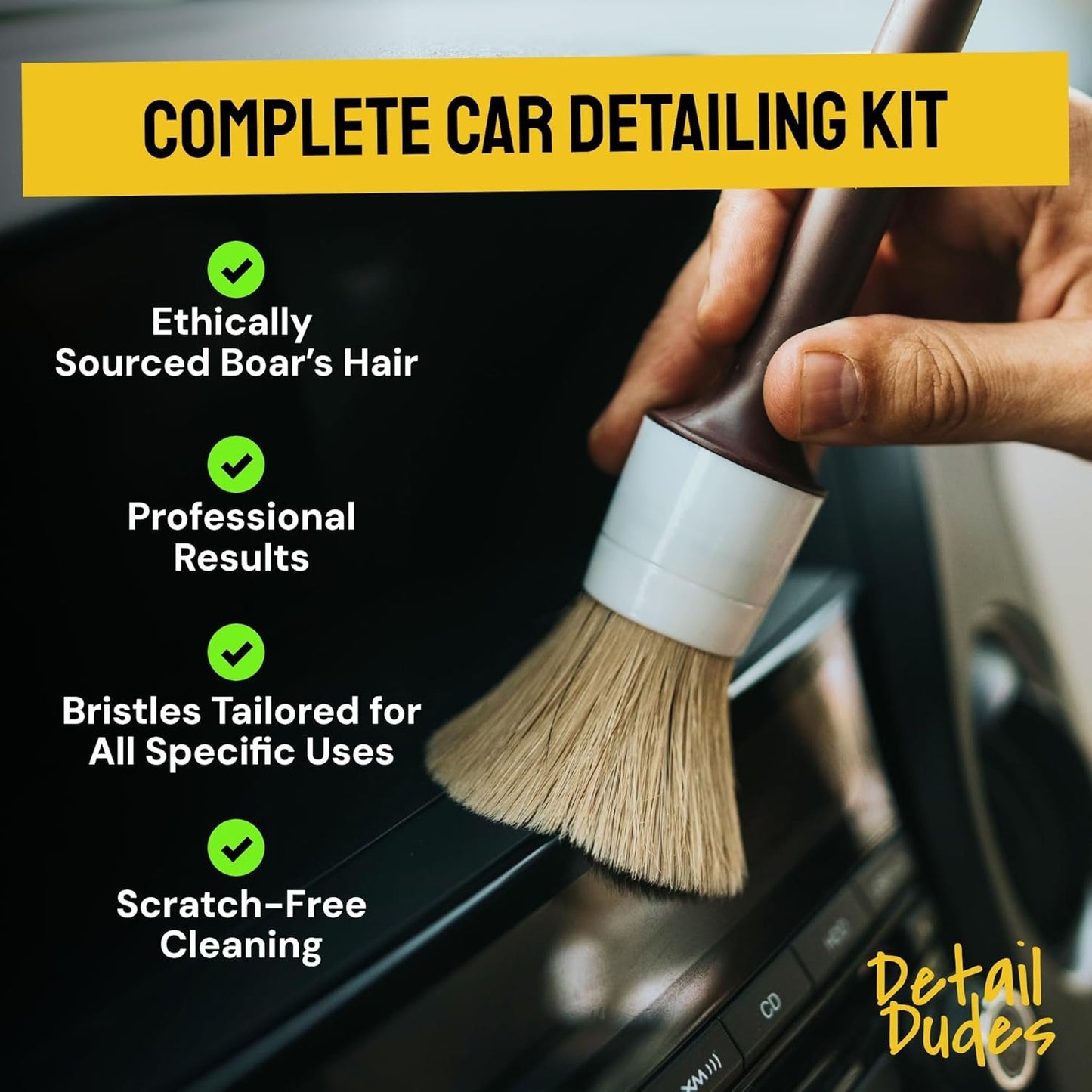 Soft Boars Hair Car Detailing Brush Set for Washing (3 Pack) - Car Detailing Kit - Automotive Cleaning Brush