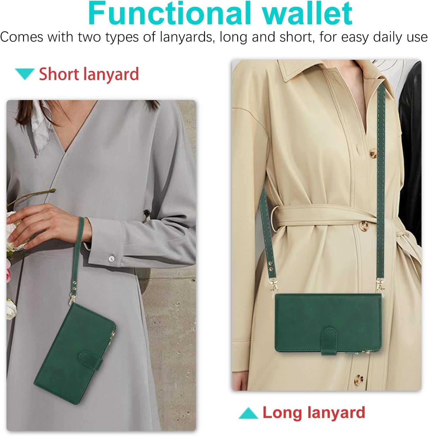Cavor for iPhone 16 Pro Max Case 6.9 inch PU Leather Folio Flip Wallet Back Cover Magnetic Case with Long Shoulder Lanyard Zipper Coin Purse 9 Card Holder Kickstand Wristlet Strap-Green