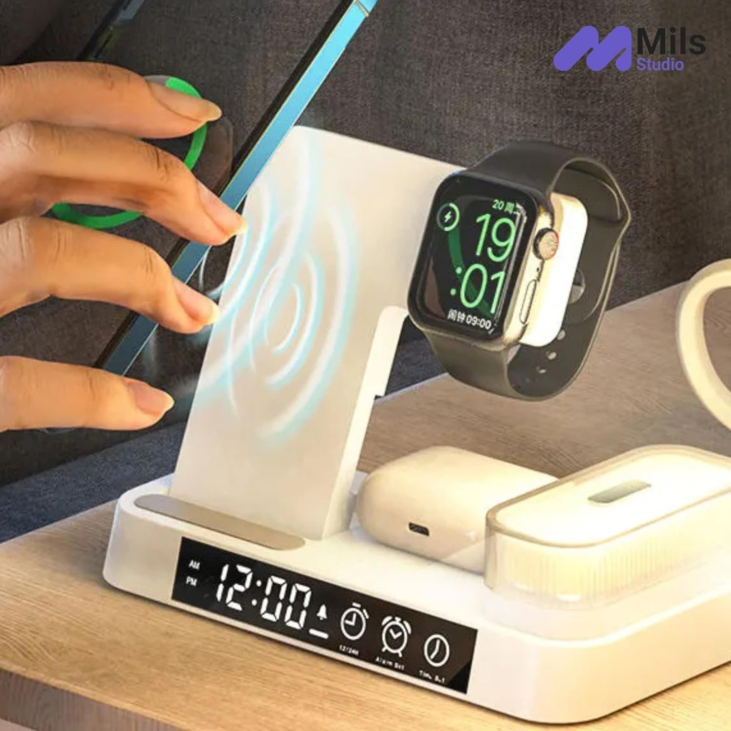 4-in-1 30W Apple Foldable Wireless Charging Alarm Clock Station with Portable LED Lights (A37) (White)