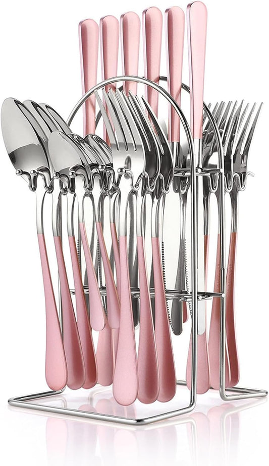 Flatware Set with Stand, 24 Pieces Stainless Steel Cutlery Set with Holder, Knife Fork Spoon Hanging Flatware Setfor 6 Person, Modern Kitchen Eating Utensils Set, Dishwasher Safe (Pink)