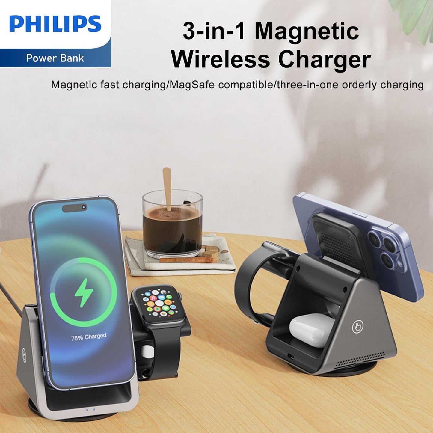 PHILIPS 3 in 1 Wireless Charging Station with Magsafe Qi | iPhone/Samsung | iWatch | Airpod | Multiple Charger Devices Station| Desktop/Portable Foldable Reliable 3X Devices with Ring & Decal (V2.0)