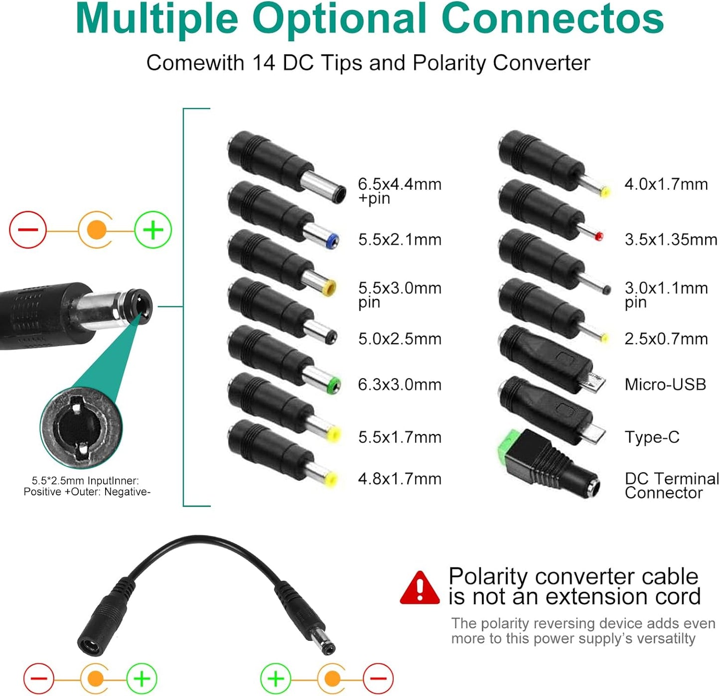 Comius Sharp Universal Power Supply, 3V-24V 5A 120W Adjustable Power Adapter, AC/DC 100V-240V Universal Adapter with 14 Tips and Polarity Converter, for Home Electronics