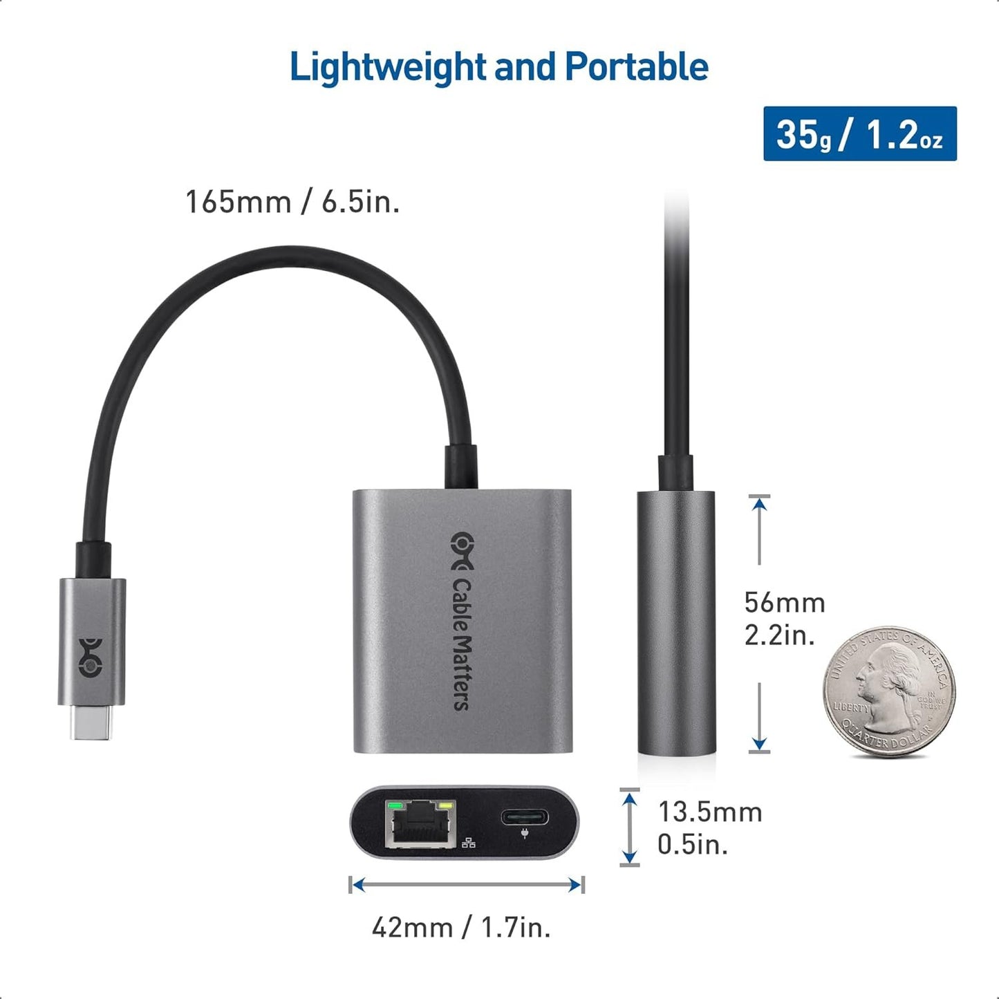 Cable Matters USB C to Ethernet Adapter 2.5 Gigabit with Charging 100W, USB C Hub 2.5gb Ethernet (2.5gbps Ethernet Port) - Compatible with MacBook Pro, iPad Pro, XPS, Microsoft Surface Pro