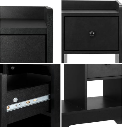 Oikiture Bedside Table with Drawer and Storage Space Side Table Nightstand Home Bedroom Furniture Black