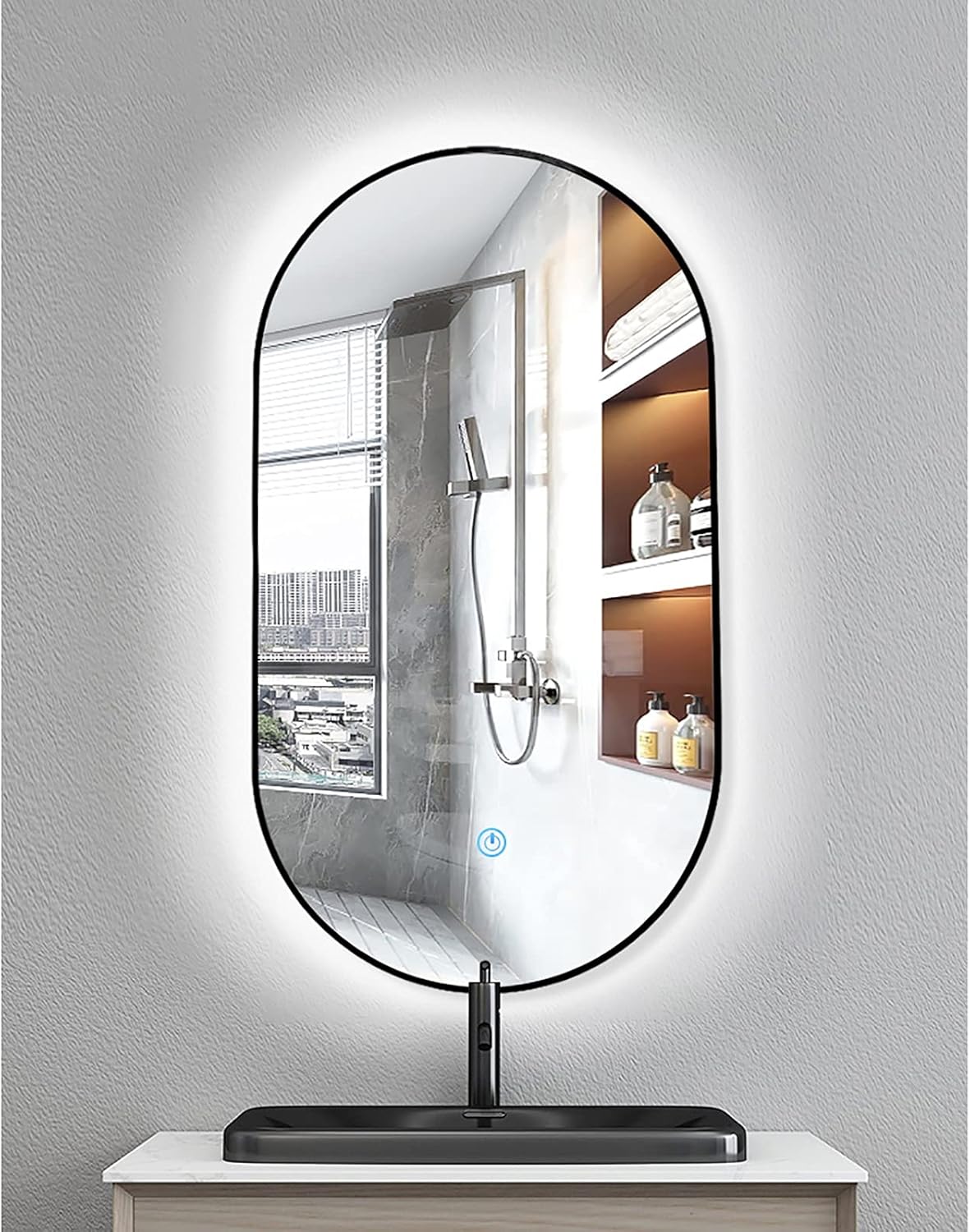 Specchio da bagno moderno ovale retroilluminato a LED con dimmerabile 3 temperatura di colore Smart Lighting Specchio da trucco a parete per Vanity Telaio in lega di alluminio nero 40X70 CM