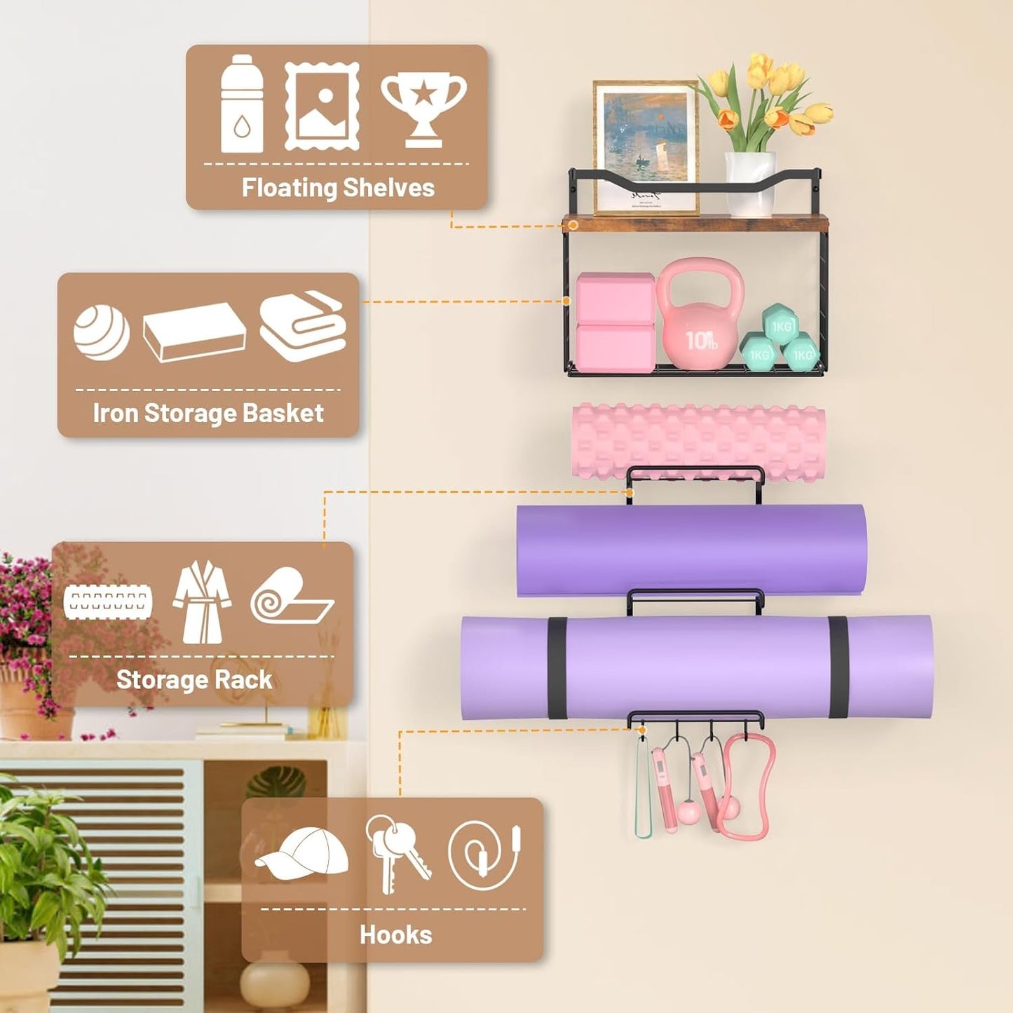 Yoga Mat Holder Wall Mount, Yoga Accessory Mats Storage Rack, Home Gym Accessories Organizer Storage with Wood Floating Shelves, Storage Basket with Hooks for Hanging Yoga Strap & Resistance Bands