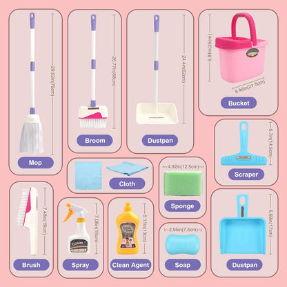 Coolplay Kids Cleaning Set for Toddlers Pretend Play Broom Set, 12pcs Mop and Cleaning Toys Set Pretend Playset Detachable Broom Mop Dustpan Pink Toy for Girls