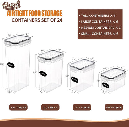 Airtight Food Storage Containers Set with Lids, 24 PCS Clear Kitchen Pantry organizers and storage, PRAKI Kitchen Storage Containers for Cereal Flour & Sugar - Labels & Marker, Black