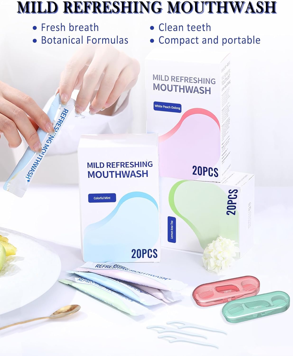 Mini Mouthwash Floss Picks Travel Size Portable Set-20 Pack Individual Small Cool Mint Mouth Wash & 10Pcs Flossers,Travel Size Toiletries and Guest Bathroom Essentials,Oral Care Gift Kit for Women Men