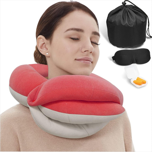 BUYUE Travel Neck Pillows for Airplanes, 360° Head Support Sleep for Long Flight, Skin-Friendly & Breathable, Kit with 3D Contoured Eye Mask, Earplugs and Storage Bag (Adult, Pink, 100+ lbs)