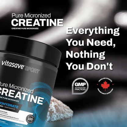 Vitasave Micronized Creatine Monohydrate Powder – 100% Pure Creatine for Muscle Growth, Strength & Performance – Fast-Absorbing, Ultra-Fine & Unflavored – Vegan, Non-GMO – 100 Servings (500g, Made in Canada)