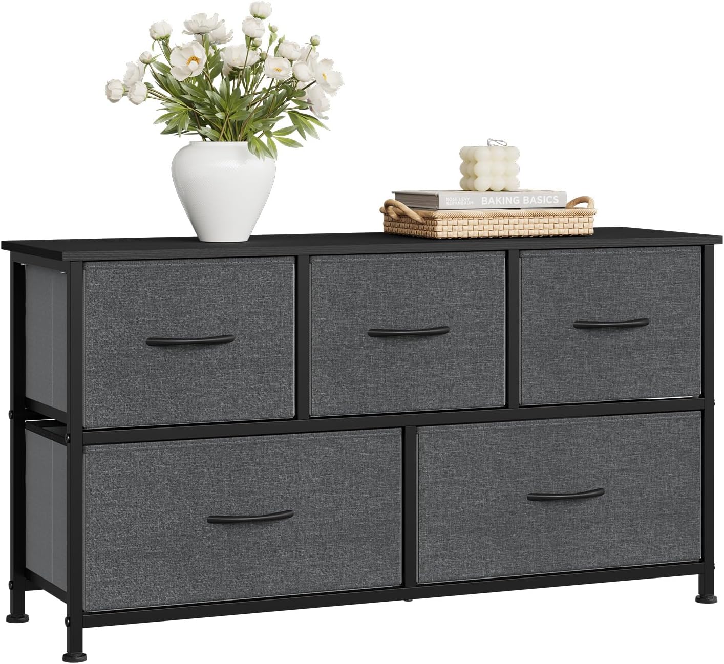 WOLTU Bedroom Chest of Drawers with 5 Drawers with 2 Tiers in Fabric, Industrial Cabinet, Metal and Wood Frame, Wood Effect, Black+Dark Grey, 100 x 30 x 54 cm