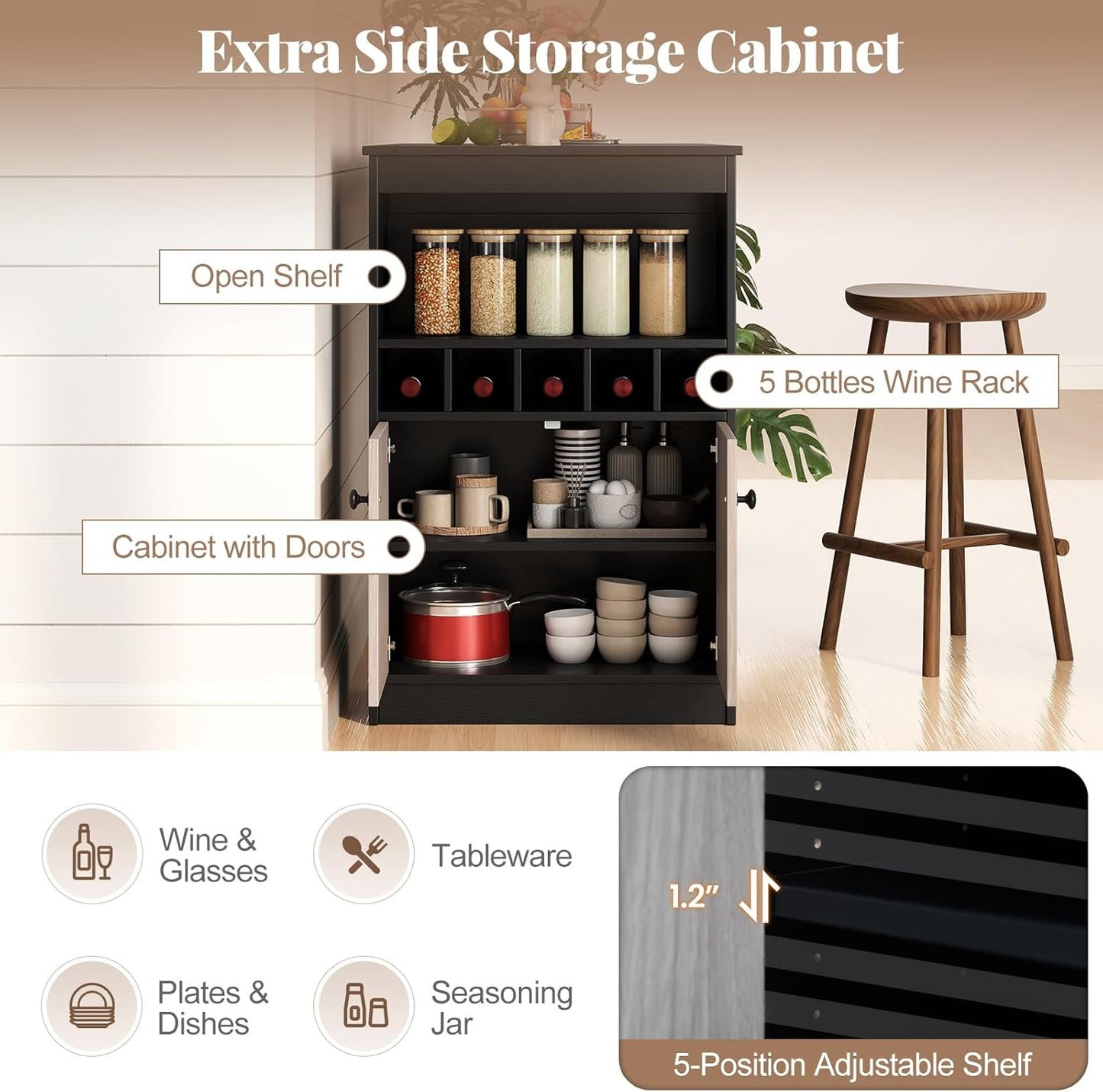 COSTWAY 48" Bar Table with Storage Cabinet & Wine Rack, Home Dining Table, Multifunctional Bistro Table w/Wine Rack, Kitchen Breakfast Table, Ideal for Coffee Shop, Pub, Living Room