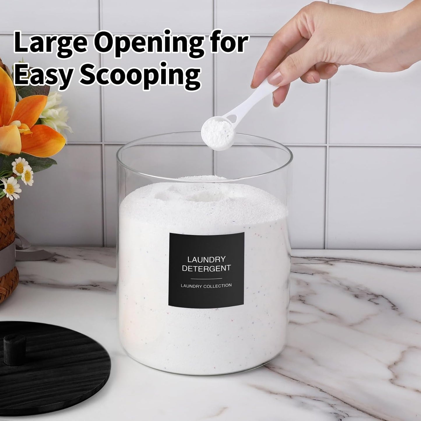 Glass Jars and Acrylic Dryer Sheet Holder, Laundry Pods Container with Bamboo Lid and 27 Labels, Powder Detergent Containers for Laundry Room Organization, Storage Jars Set (3 Pack, Black)