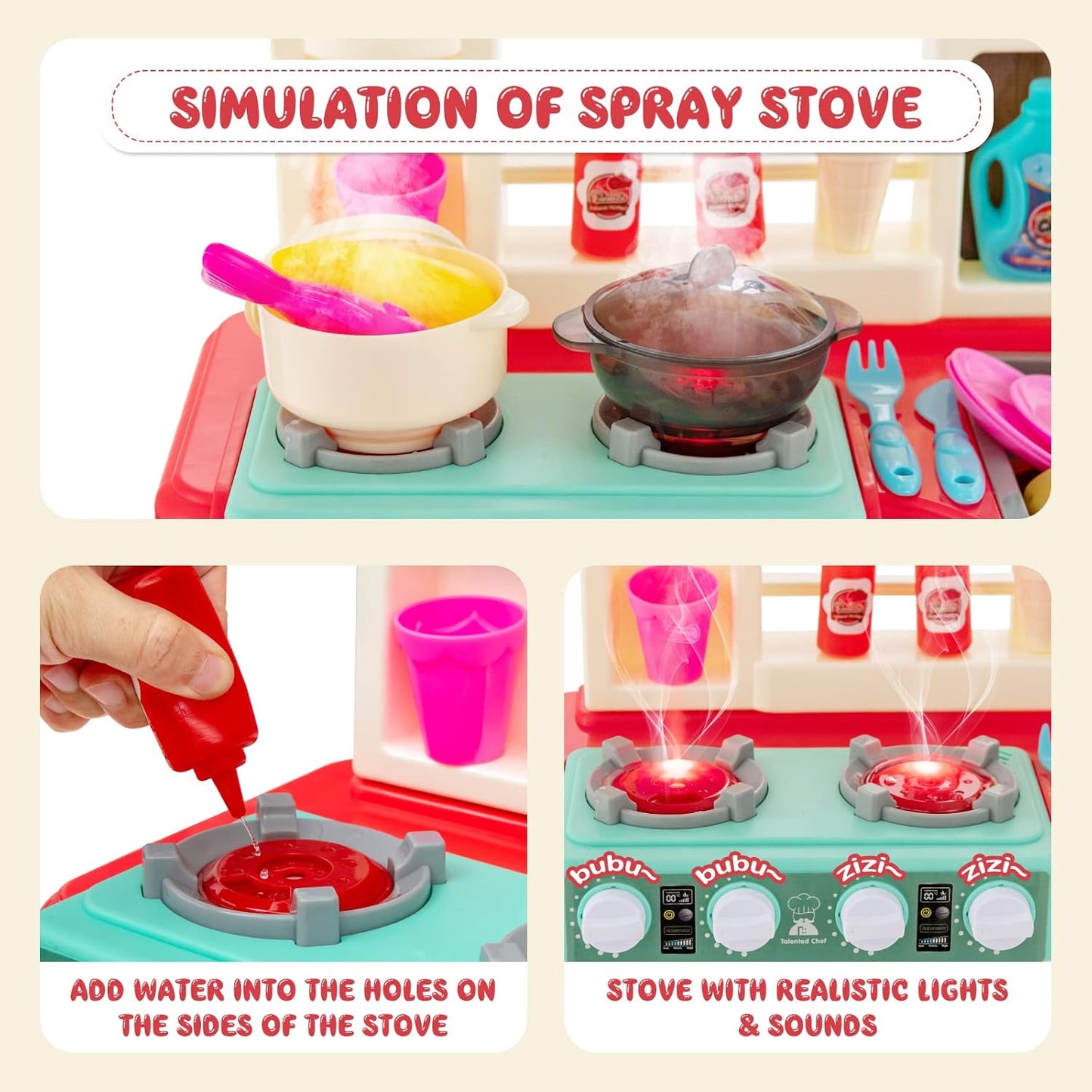 HONEY JOY Kids Play Kitchen, 65PCS Pretend Kitchen Play Toy Accessories Set w/Play Sink, Realistic Lights Sounds, Steam Simulation, Cooking Play Kitchen Playset w/Water Circulation for Children (Pink)