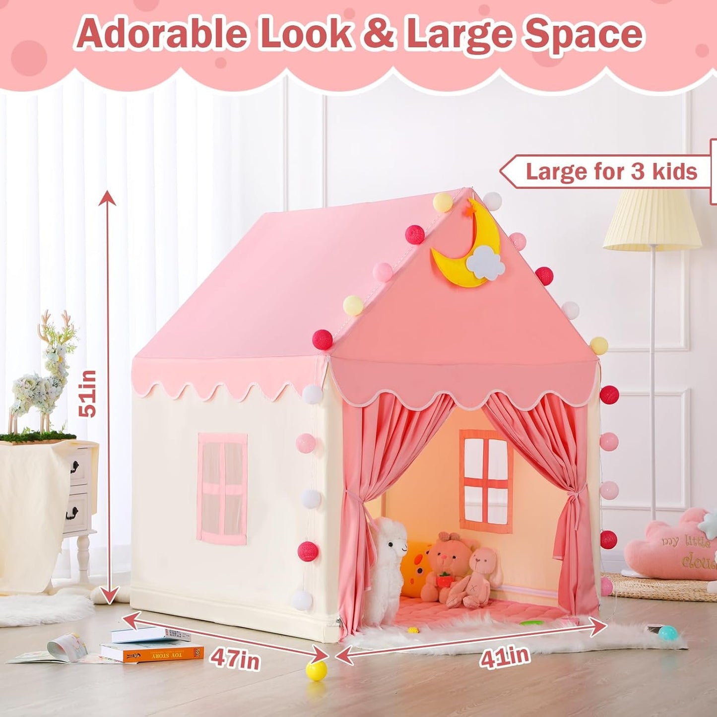 Wilwolfer Kid Tent with Mat, Star Lights - Kids Play Tents for Toddlers Kids Tents Indoor Playhouse - Princess Tent for Girls Toy House Gift - Pink Play Tent - NO Flowers & Moon Decor