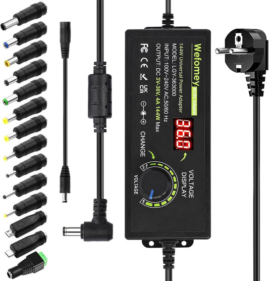 Adjustable Power Adapter 3V-36V 4A 144W, Universal AC/DC 100V-240V AC to DC Adapter with 14 Tips and Polarity Converter for Home Electronics and USB Devices, 4000mA Max