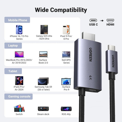 UGREEN USB C to HDMI Cable 100W PD Charger 4K@60Hz 1440P@144Hz 1080P@240Hz/120Hz Type C Thunderbolt 3/4/5 HDR Adapter Compatible with MacBook iMac Mac mini iPad Pro Air iPhone 16 15 Galaxy S24(2M)