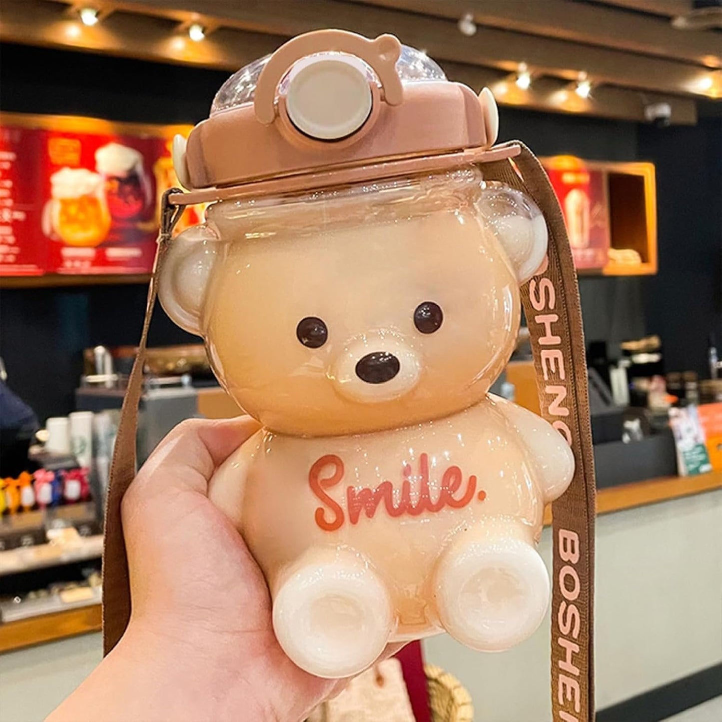 Kawaii Water Bottle with Straw and Strap, 1L Cute Bear Water Bottles Portable Leakproof BPA-Free Plastic Drinking Cups for Kids Girls Women Sports Camping Picnic Hiking Travel