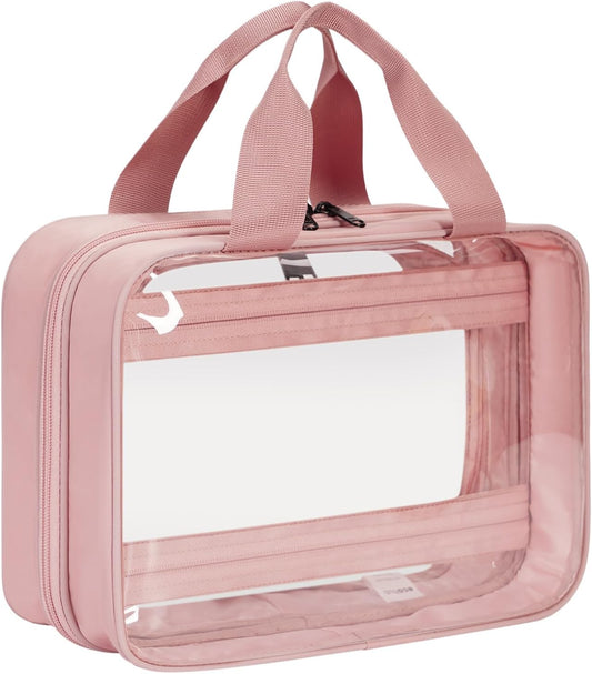 ECOHUB Clear Hanging Toiletry Bag, 9L Large Capacity Travel Makeup Bag, Waterproof Cosmetic Bag Fit Full Sized Toiletries or Cosmetics, Foldable Hygiene Bag for Makeup Accessories (Pink)