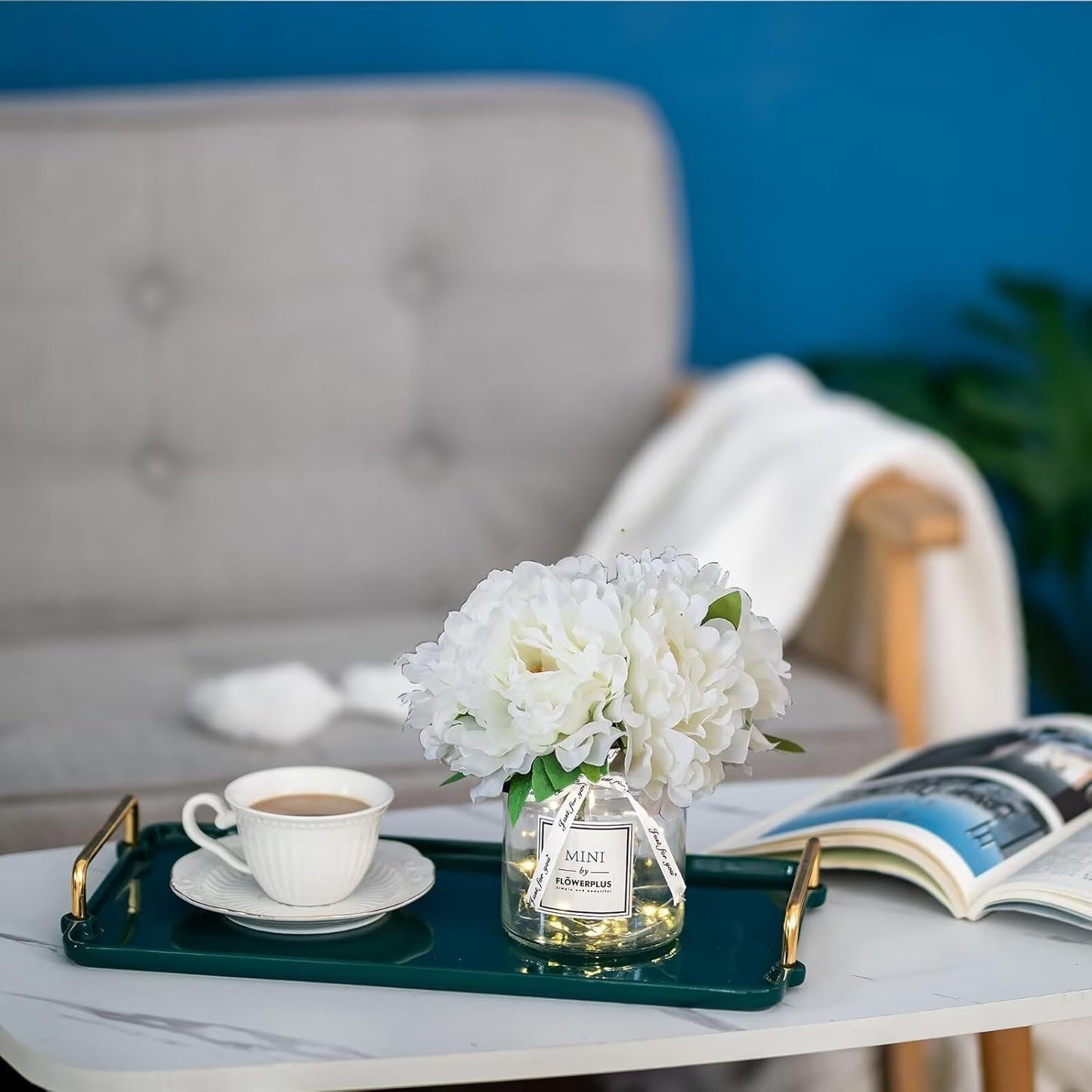 White Fake Flowers with Vase: Blosmon Small Coffee Table Decor Bathroom Peony Faux Flowers in Vase Office Desk Shelf Home Living Room Bedroom Vanity nightstand Decorations Floral Arrangement