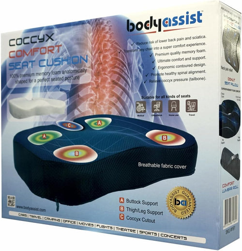 Bodyassist Coccyx Comfort Memory Foam Seat Cushion, Ergonomic Design, Breathable Cover, for Office, Travel and Home