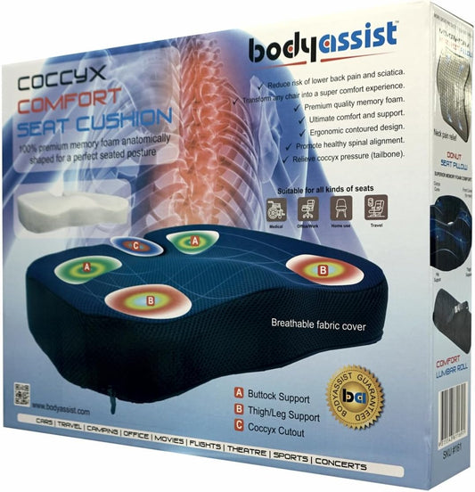 Bodyassist Coccyx Comfort Memory Foam Seat Cushion, Ergonomic Design, Breathable Cover, for Office, Travel and Home
