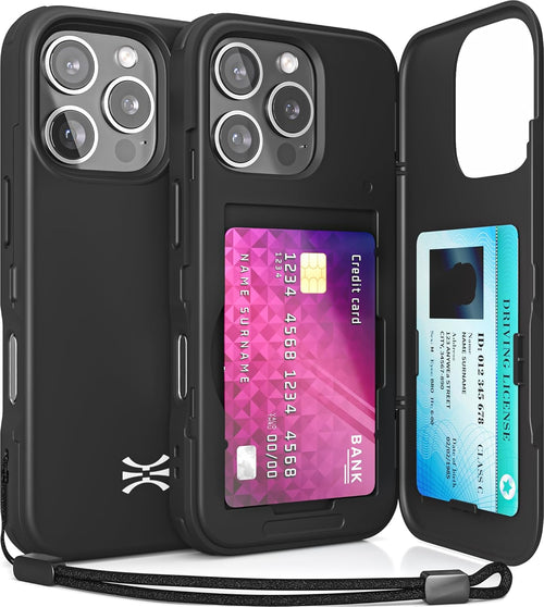 TORU CX Slim for iPhone 16 Pro Case Wallet | Protective Shockproof Heavy Duty Cover with Hidden Card Holder & Card Slot | Mirror & Wrist Strap Included - Black