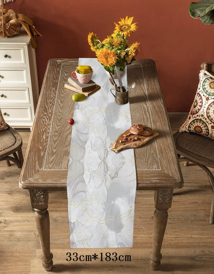 Natural White Grey Marble Stone Table Runners,Linen Cotton Table Runner Dresser Scarves Abstract Agate Gold Stripe Tabletop Scarf for Dining Room Kitchen Holiday Party (White Grey, 33CM*183CM)
