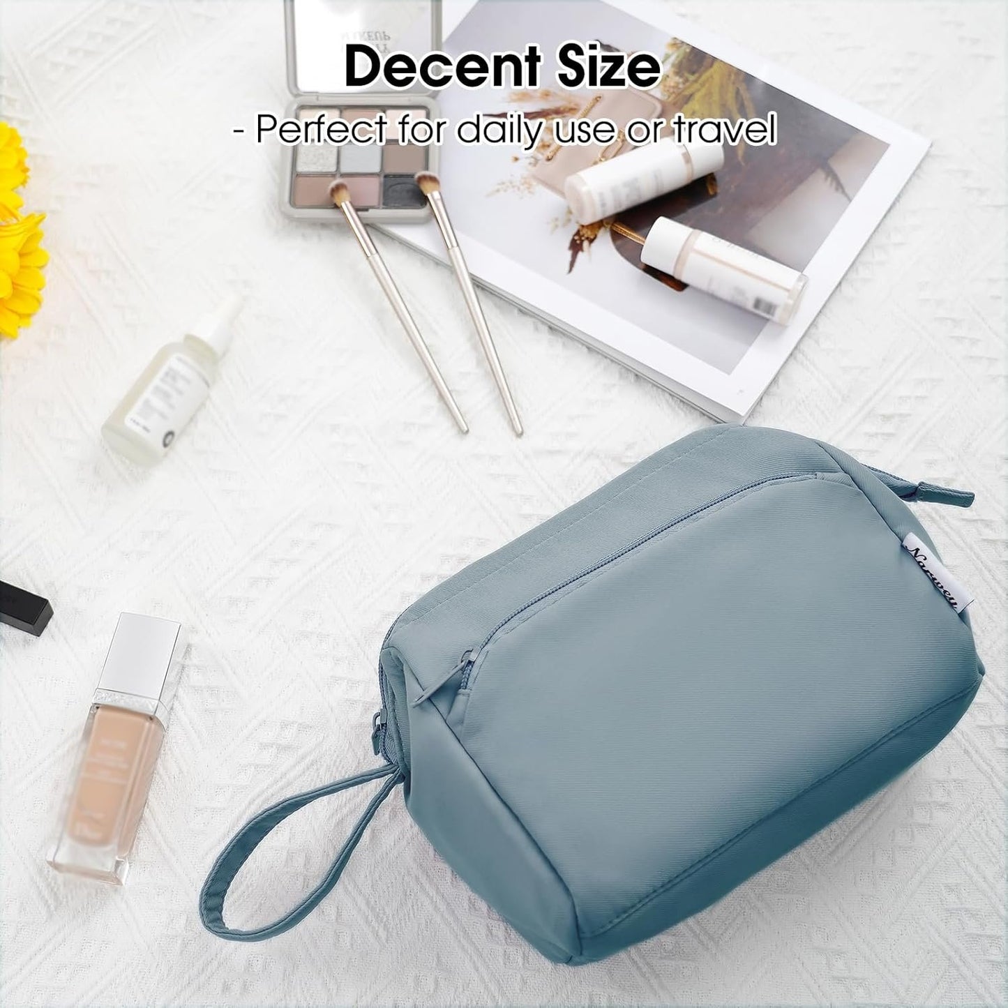 Narwey Large Women Makeup Bag Wide-Open Make up Bag Travel Cosmetic Organizer Toiletry Bag for Cosmetics Toiletries Accessories (Greyish Blue)