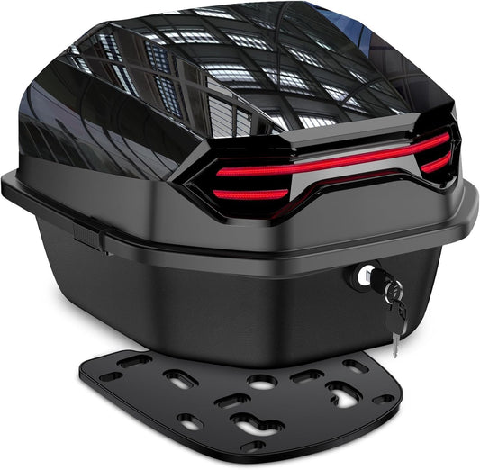 Motorcycle Top Case, Motorcycle Tour Tail Box Scooter Trunk Luggage Top Lock Storage Lockable Waterproof Carrier Plastic Case with Mounting Hardware - 35L Capacity - Can Store Helmet - Black