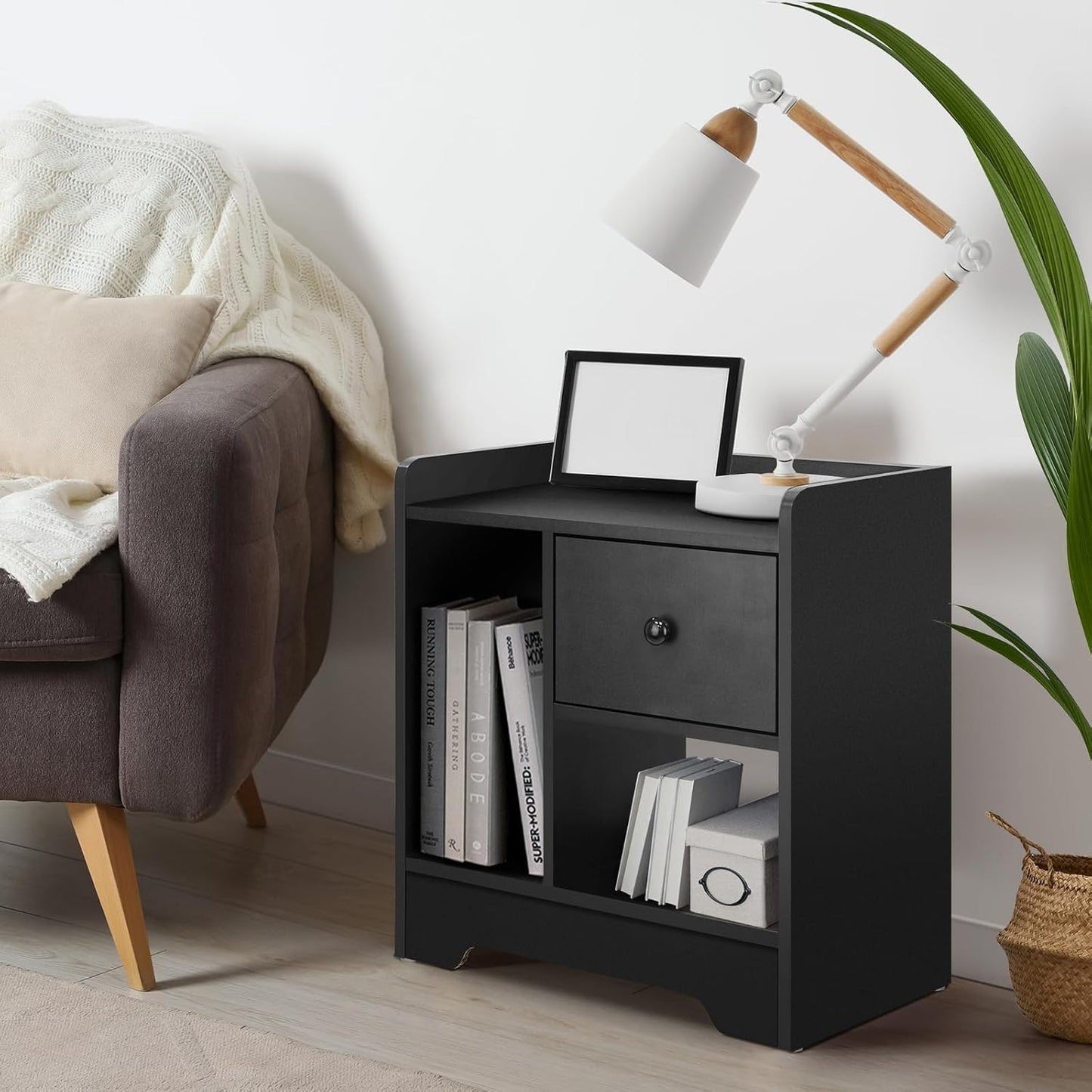 Oikiture Bedside Table with Drawer and Storage Space Side Table Nightstand Home Bedroom Furniture Black