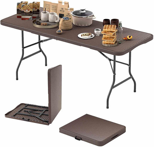 Costway 180cm Outdoor Portable Folding Table, 160kg Fold-in-Half Table w/HDPE Rattan-Like Tabletop, Safe Lock Mechanism, Patio Folding Dining Table w/Carrying Handle for Party, Picnic, Camping