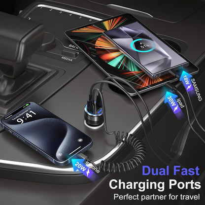 USB C Car Charger, 65W 4-Fast Port Dual 12V USB-C & USB-A Car Phone Charger PD&QC3.0 Super Fast Car Cigarette Lighter Adapter for iPhone 16 15 Pro Max Plus iPad, Samsung S24/S23 Ultra+5ft Type C Cable