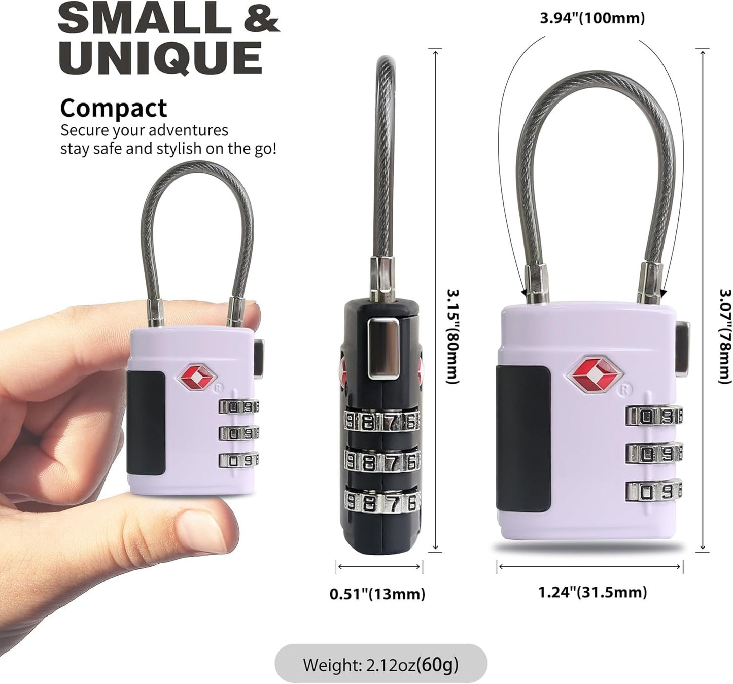 UP Security Combo TSA Locks for Luggage, Locker, Suitcase, Luggage Locks TSA Approved, Small Combination Padlock with Cable for Gym Locker, Gun Case, Backpack Bag Zipper, Storage Box, Travel Safe