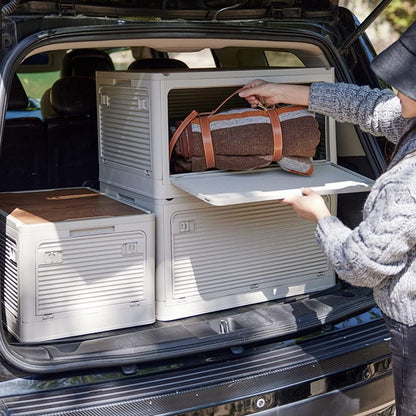 Radefasun Foldable Storage Bins with Wood Lids Plastic Collapsible Storage Box with Cutting Board Portable Stackable Grocery Books Container Folding Latching Storage Crate with Removable Pulley (S)