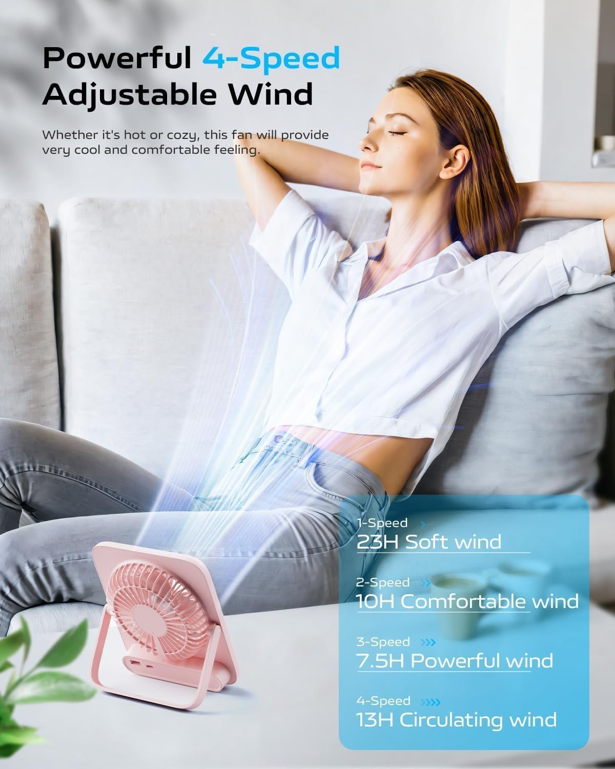 Otlonpe Desk Fan Portable Fan Rechargeable,4000mAh USB Battery Operated Personal Fan,Silent Foldable Travel Fan with Power Bank,4 Speeds Small Table Fan for Bedroom Home Office Outdoor Desktop (Pink)