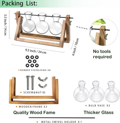 Ivolador Desktop Glass Plants Terrariums Bulb Vase with Retro Solid Wooden Stand and Metal Swivel Holder for Hydroponics Plants Home Garden Wedding Decor Indoor Outdoor (3 Bulb Vase)