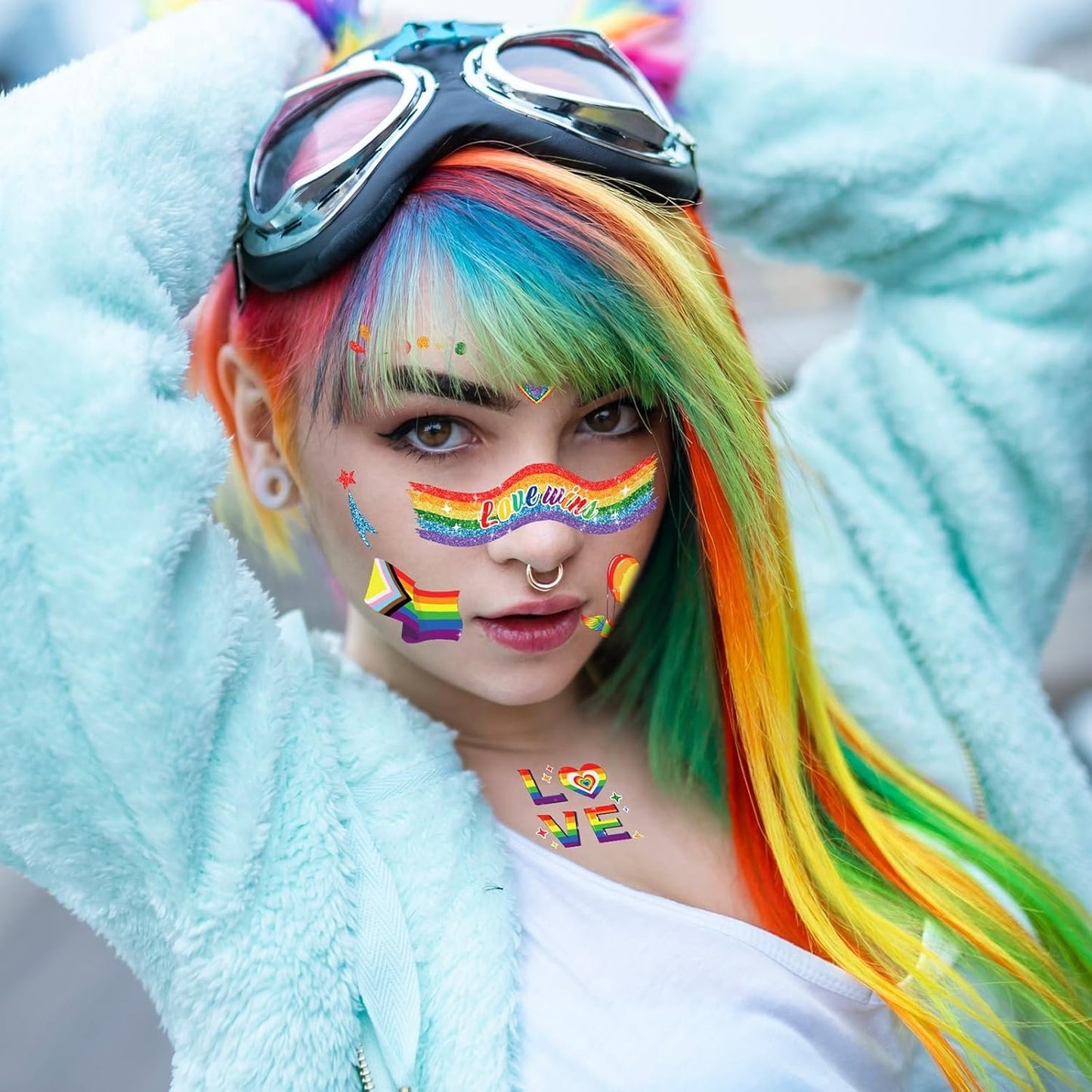 DPKOW Glitter Rainbow Face Tattoos LGBT Pride Temporary Tattoos for Pride Accessories, 12 Sheets Rainbow Flag Butterfly Heart Tattoo Stickers LGBT Gay Pride Makeup Accessories for LGBT Face Body Art