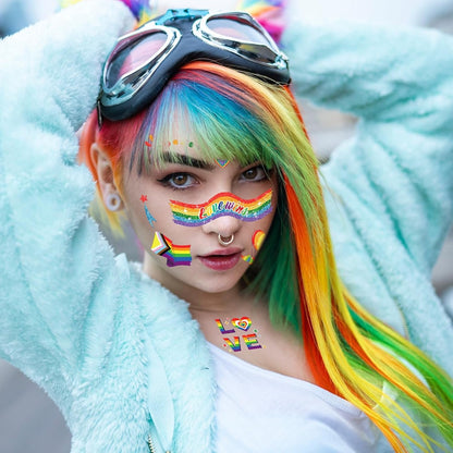 DPKOW Glitter Rainbow Face Tattoos LGBT Pride Temporary Tattoos for Pride Accessories, 12 Sheets Rainbow Flag Butterfly Heart Tattoo Stickers LGBT Gay Pride Makeup Accessories for LGBT Face Body Art