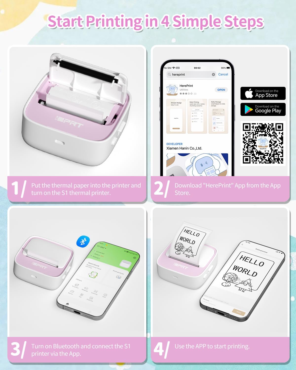iDPRT Sticker Printer, Portable Thermal Printer with 1 Roll Sticker Paper, Bluetooth Inkless Printer Mini Label Maker for Study, DIY, Notes, Mini Label Maker with Multiple Template in Free App, Pink
