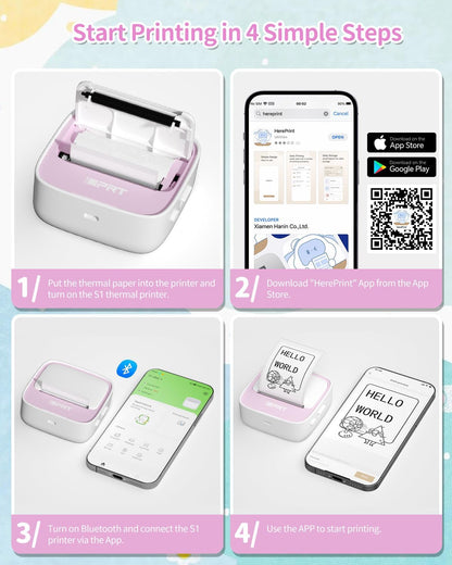 iDPRT Sticker Printer, Portable Thermal Printer with 1 Roll Sticker Paper, Bluetooth Inkless Printer Mini Label Maker for Study, DIY, Notes, Mini Label Maker with Multiple Template in Free App, Pink