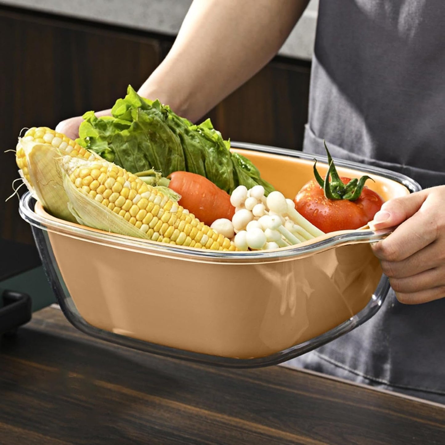 2 Tier Food Washing Colander, Fruit and Veggie Washer Colander, Multifunctional Kitchen Strainer Tool, Thickened Food Prep Salad Washing Tool for Kitchen (Beige, Yellow, Green)