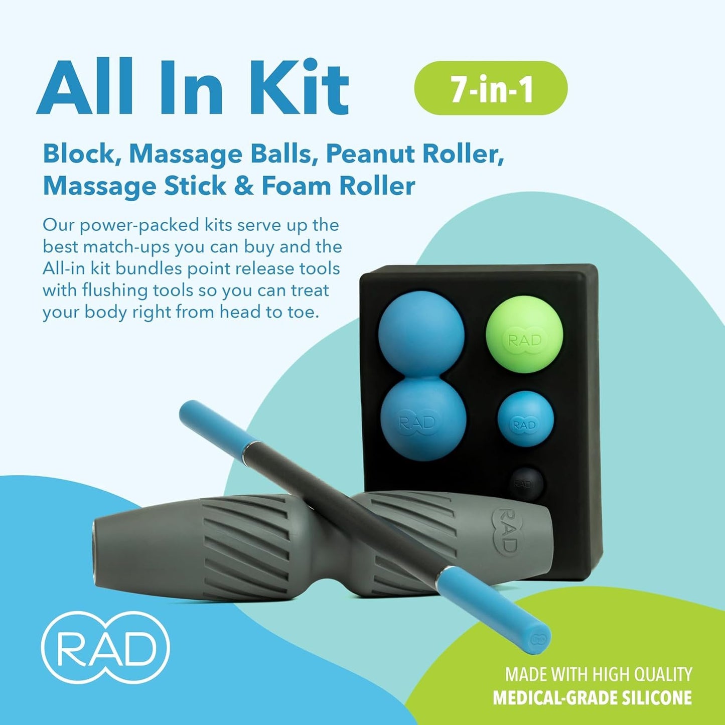 RAD All In 7-in-1 Foam Roller Set - Myofascial Release Kit - Includes Massage Roller Stick, Foam Roller, Yoga Block, Peanut Roller Ball Massager, Massage Balls - Massage Tools for Mobility & Recovery