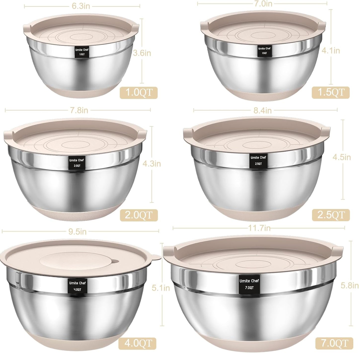 Umite Chef Mixing Bowls with Airtight Lids Set, 26PCS Stainless Steel Khaki Grater Attachments, Non-Slip Bottoms & Kitchen Gadgets Size 7, 4, 2.5, 2.0,1.5, 1QT, Great for Serving