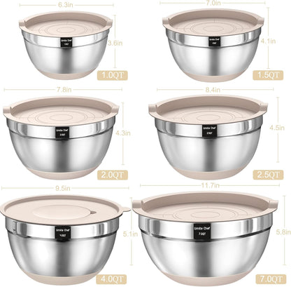 Umite Chef Mixing Bowls with Airtight Lids Set, 26PCS Stainless Steel Khaki Grater Attachments, Non-Slip Bottoms & Kitchen Gadgets Size 7, 4, 2.5, 2.0,1.5, 1QT, Great for Serving